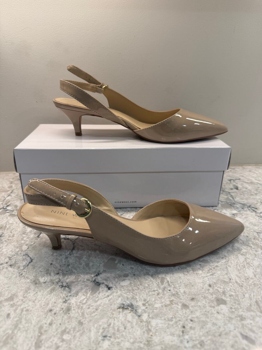 Nine West Tan Slingback Kittten Heel Nude Patent Leather Size 8